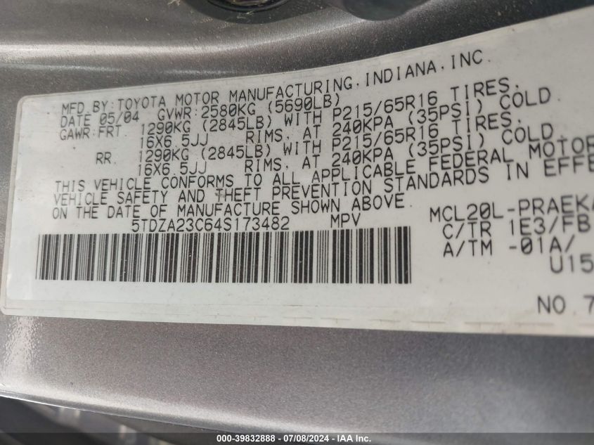 2004 Toyota Sienna Le VIN: 5TDZA23C64S173482 Lot: 39832888