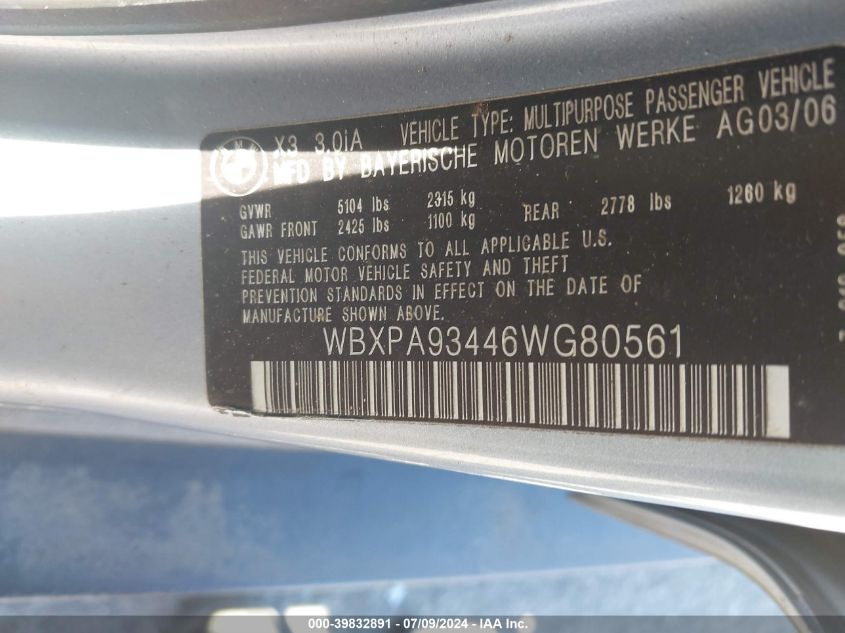 2006 BMW X3 3.0I VIN: WBXPA93446WG80561 Lot: 39832891