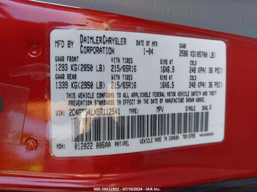 2005 Chrysler Town & Country Touring VIN: 2C4GP54LX5R112541 Lot: 39832902