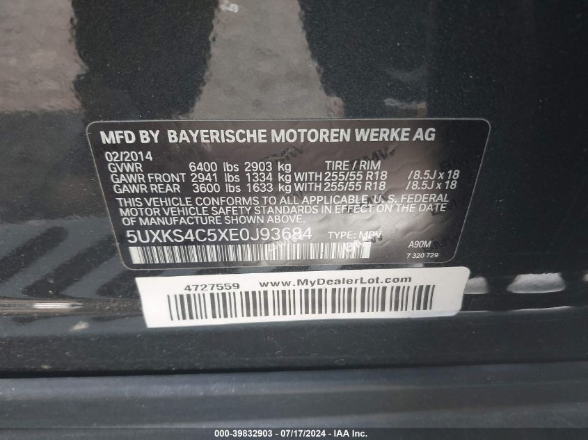 2014 BMW X5 xDrive35D VIN: 5UXKS4C5XE0J93684 Lot: 39832903