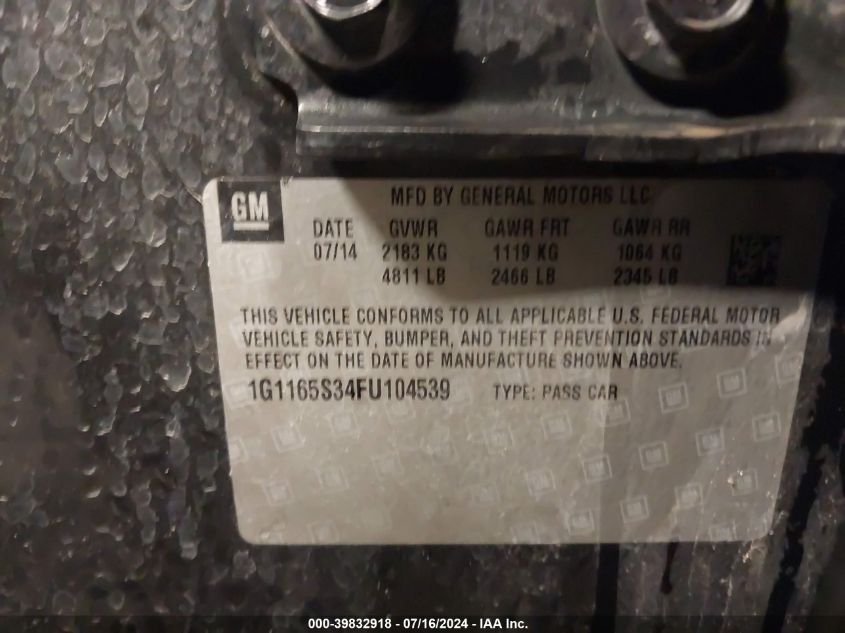 2015 Chevrolet Impala 2Lz VIN: 1G1165S34FU104539 Lot: 39832918