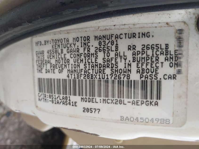 2001 Toyota Avalon Xls VIN: 4T1BF28BX1U172678 Lot: 39832924