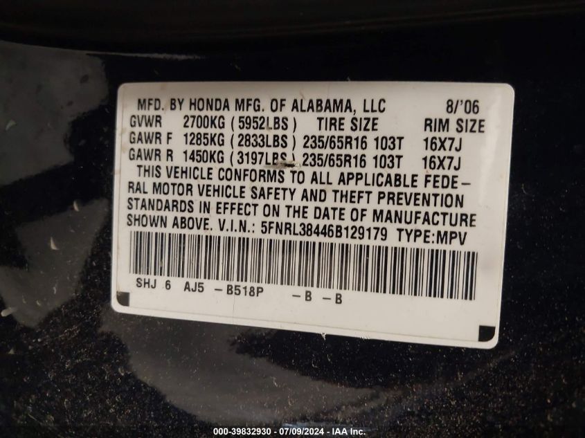 2006 Honda Odyssey Ex VIN: 5FNRL38446B129179 Lot: 39832930