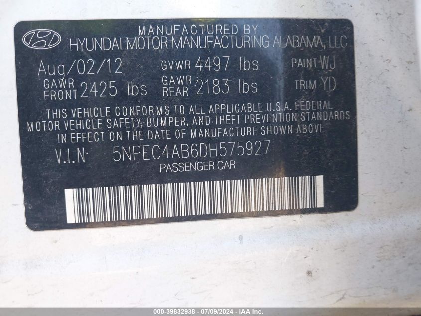 2013 Hyundai Sonata Limited 2.0T VIN: 5NPEC4AB6DH575927 Lot: 39832938