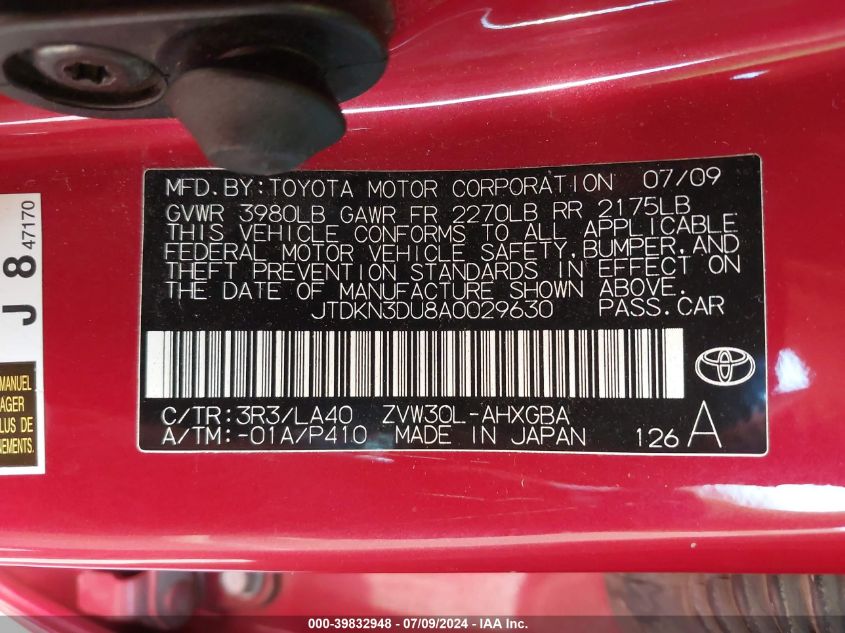 2010 Toyota Prius Ii/Iii/Iv/V/I VIN: JTDKN3DU8A0029630 Lot: 39832948