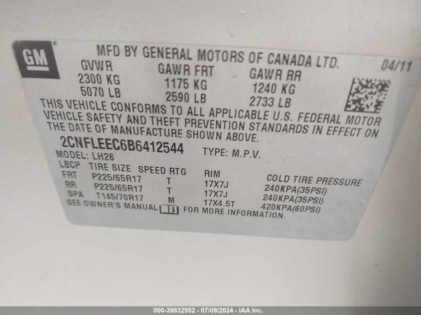 2CNFLEEC6B6412544 2011 Chevrolet Equinox 1Lt