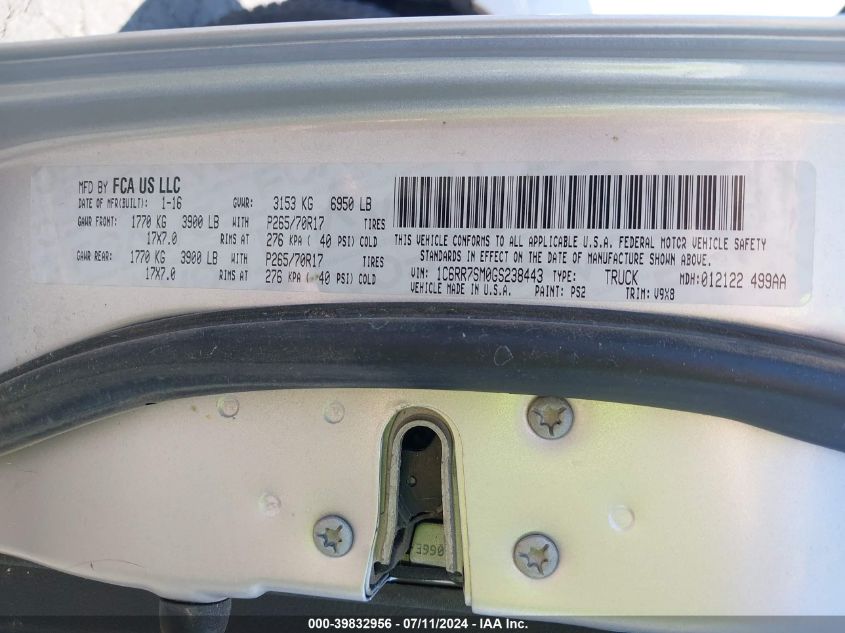 2016 Ram 1500 Tradesman VIN: 1C6RR7SM0GS238443 Lot: 39832956