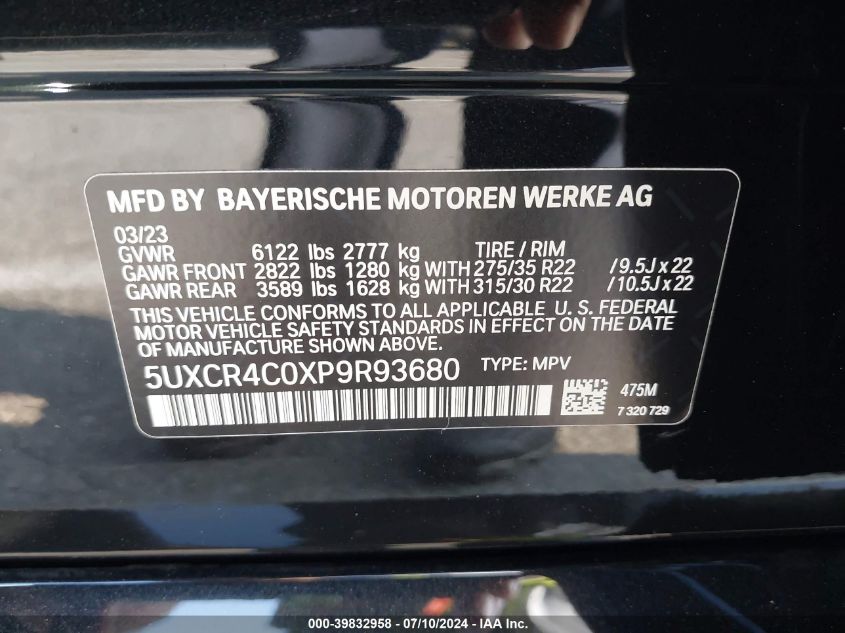 2023 BMW X5 Sdrive40I VIN: 5UXCR4C0XP9R93680 Lot: 39832958