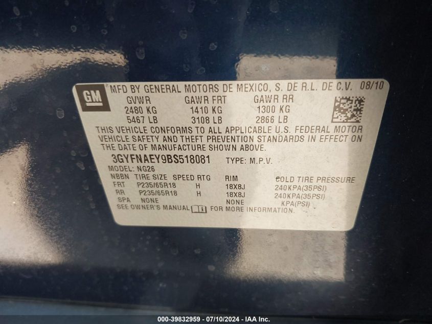 2011 Cadillac Srx Luxury Collection VIN: 3GYFNAEY9BS518081 Lot: 39832959