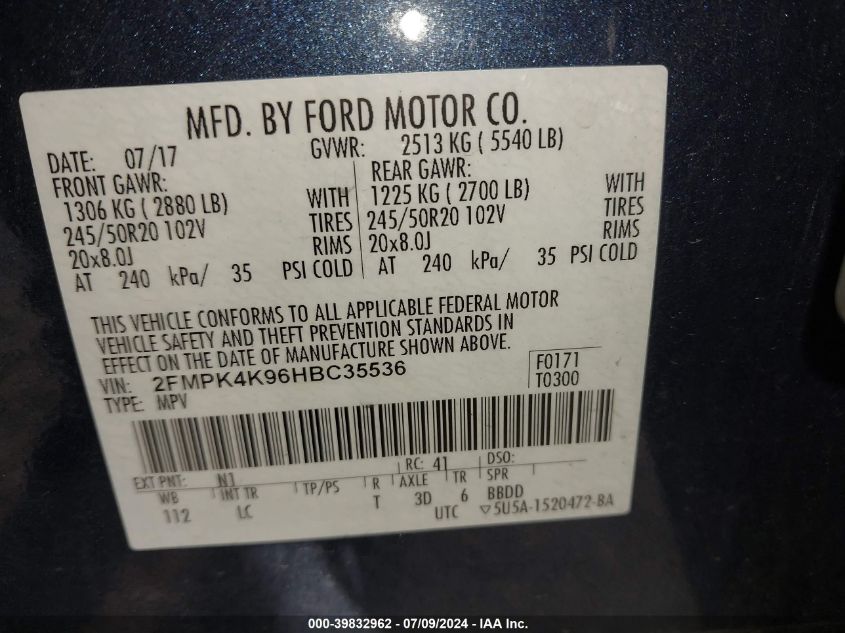 2017 Ford Edge Titanium VIN: 2FMPK4K96HBC35536 Lot: 39832962