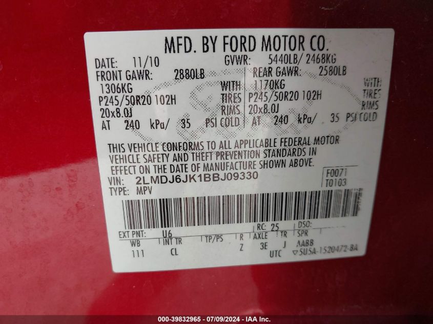 2011 Lincoln Mkx VIN: 2LMDJ6JK1BBJ09330 Lot: 39832965