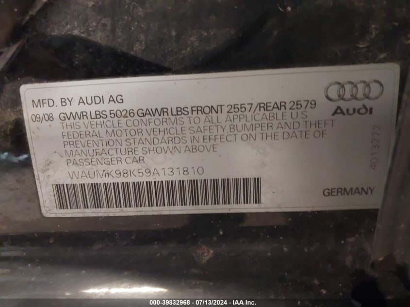 2009 Audi A4 3.2 Premium Plus VIN: WAUMK98K59A131810 Lot: 39832968