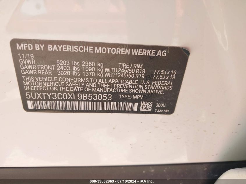 2020 BMW X3 Sdrive30I VIN: 5UXTY3C0XL9B53053 Lot: 39832969