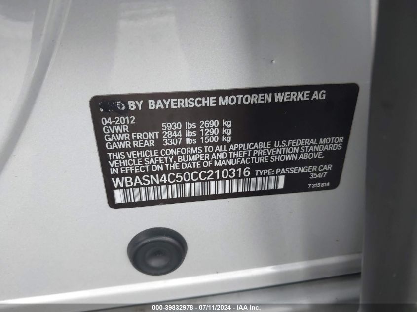 2012 BMW 550I Gran Turismo VIN: WBASN4C50CC210316 Lot: 39832978