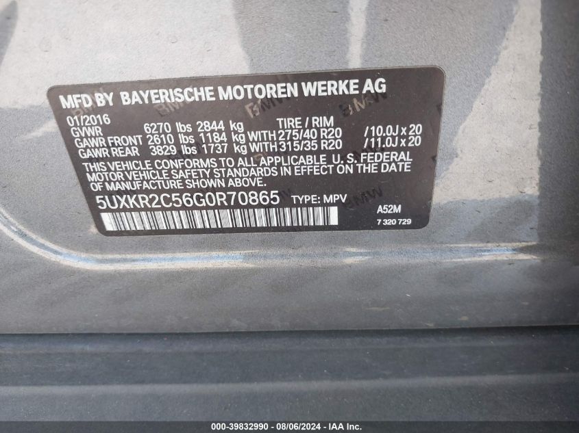 2016 BMW X5 Sdrive35I VIN: 5UXKR2C56G0R70865 Lot: 39832990