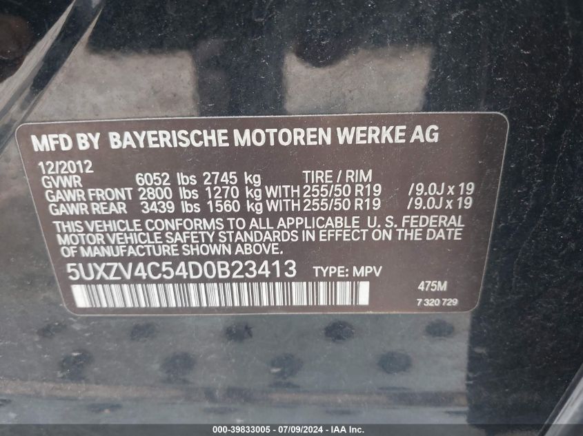 2013 BMW X5 xDrive35I/xDrive35I Premium/xDrive35I Sport Activity VIN: 5UXZV4C54D0B23413 Lot: 39833005