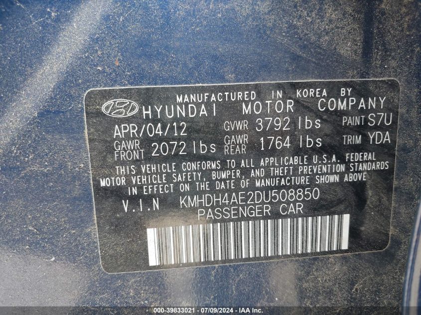2013 Hyundai Elantra Limited VIN: KMHDH4AE2DU508850 Lot: 39833021