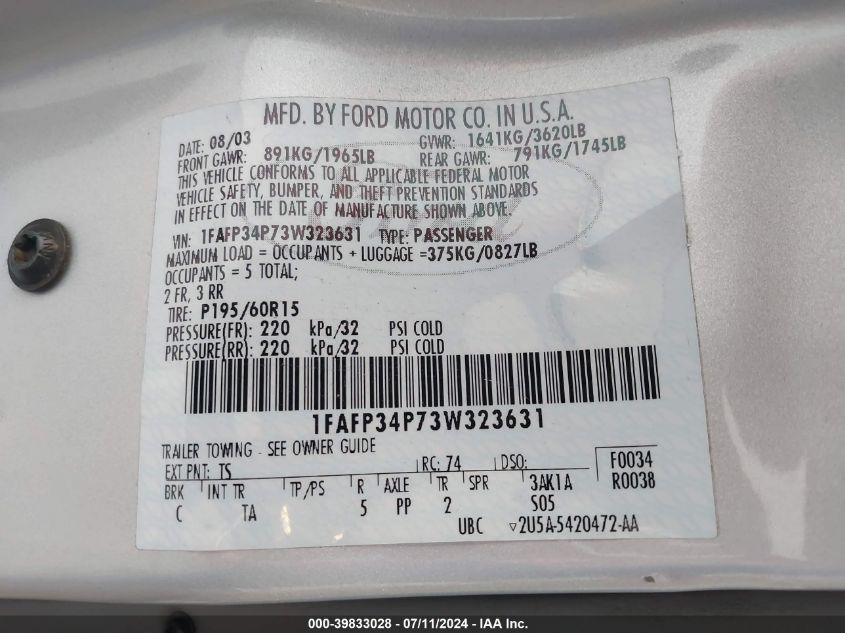 1FAFP34P73W323631 2003 Ford Focus Se