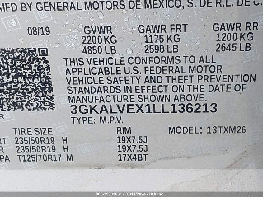 2020 GMC Terrain Awd Slt VIN: 3GKALVEX1LL136213 Lot: 39833031