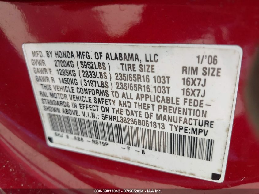 2006 Honda Odyssey Lx VIN: 5FNRL38236B061813 Lot: 39833042