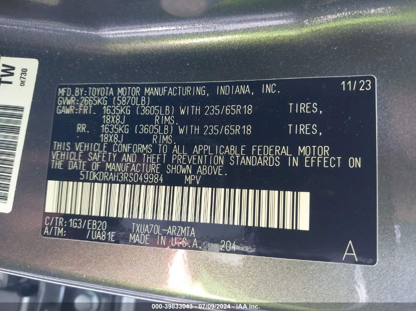 2024 Toyota Highlander Xle VIN: 5TDKDRAH3RS049984 Lot: 39833043