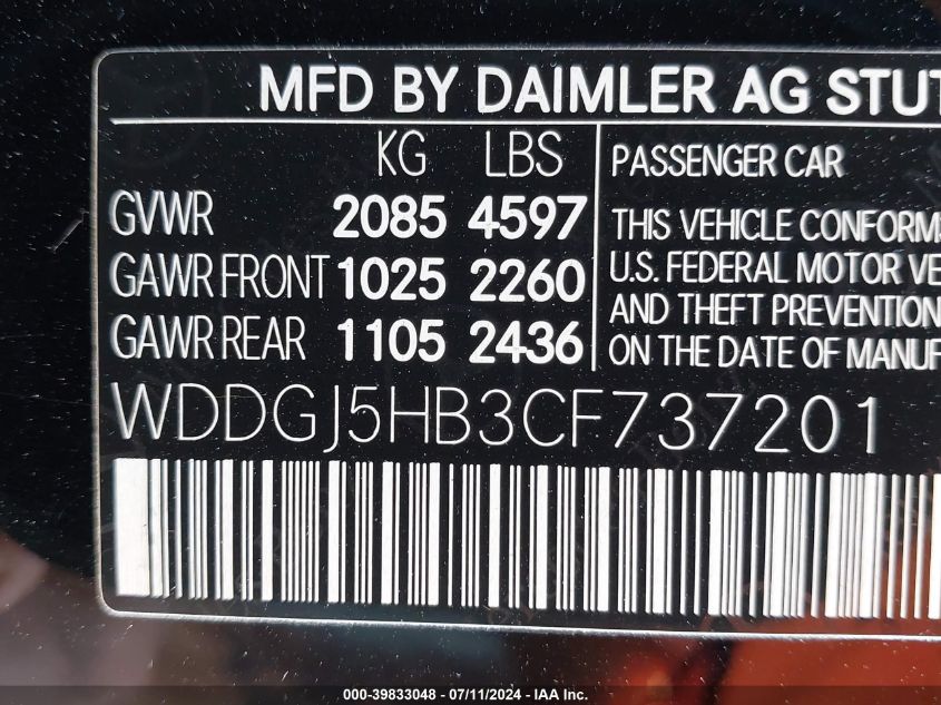 2012 Mercedes-Benz C 350 Sport VIN: WDDGJ5HB3CF737201 Lot: 39833048