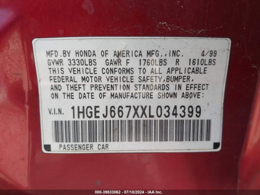 1999 Honda Civic Lx VIN: 1HGEJ667XXL034399 Lot: 39833062