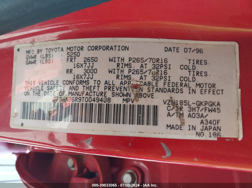 1996 Toyota 4Runner Sr5 VIN: JT3HN86R9T0049408 Lot: 39833065