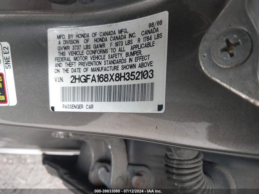 2008 Honda Civic Ex VIN: 2HGFA168X8H352103 Lot: 39833080