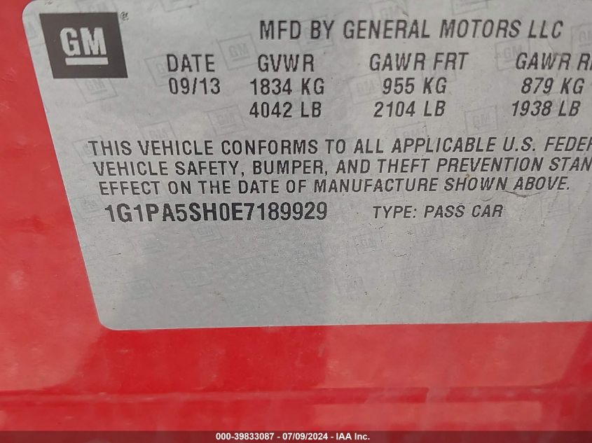 2014 Chevrolet Cruze Ls Auto VIN: 1G1PA5SH0E7189929 Lot: 39833087