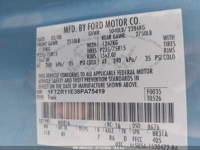 2008 Ford Ranger Xl/Xlt VIN: 1FTZR11E38PA75419 Lot: 39833101