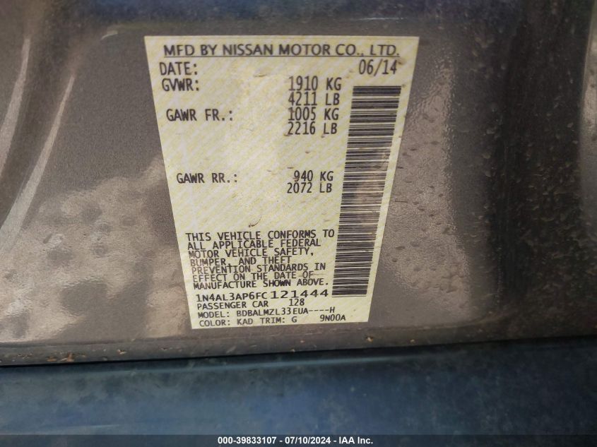 1N4AL3AP6FC121444 2015 Nissan Altima 2.5 Sv