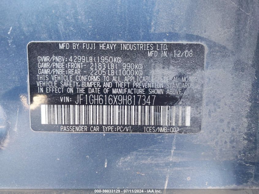 2009 Subaru Impreza 2.5I VIN: JF1GH616X9H817347 Lot: 39833129