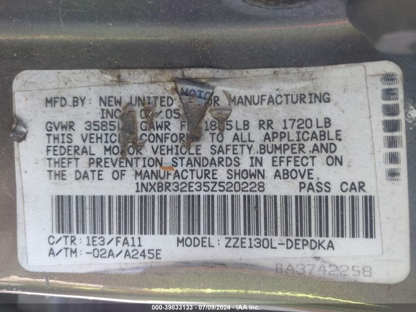 2005 Toyota Corolla Ce VIN: 1NXBR32E35Z520228 Lot: 39833133