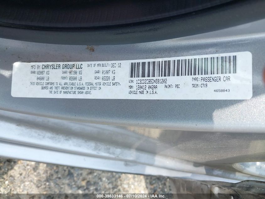 2013 Dodge Avenger Sxt VIN: 1C3CDZCB5DN591202 Lot: 39833146