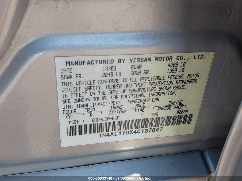 2004 Nissan Altima 2.5 S VIN: 1N4AL11DX4C137847 Lot: 39833148