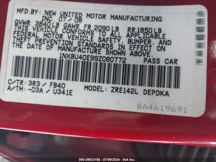 2009 Toyota Corolla Le VIN: 1NXBU40E99Z080772 Lot: 39833160