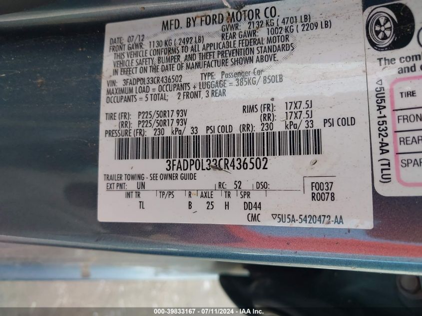 2012 Ford Fusion Hybrid VIN: 3FADP0L33CR436502 Lot: 39833167