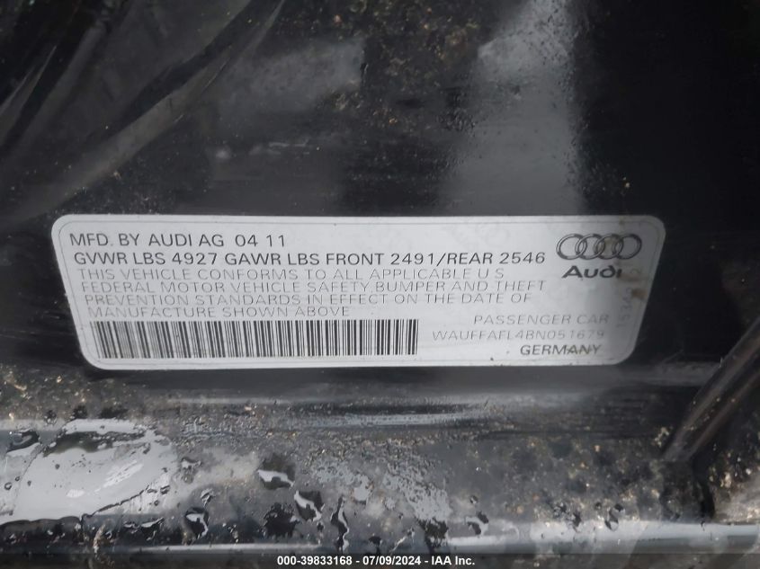 2011 Audi A4 2.0T Premium VIN: WAUFFAFL4BN051679 Lot: 39833168
