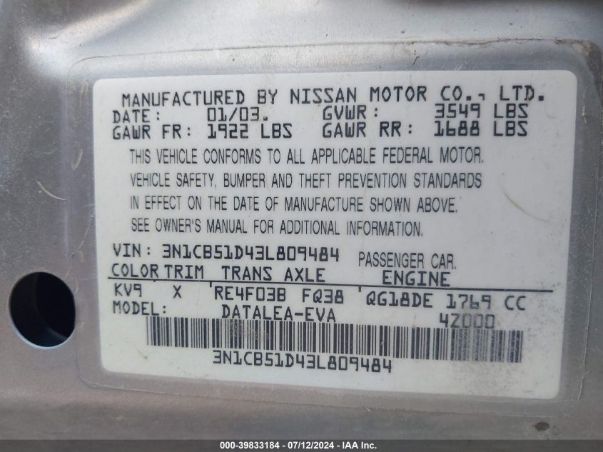 2003 Nissan Sentra Xe VIN: 3N1CB51D43L809484 Lot: 39833184