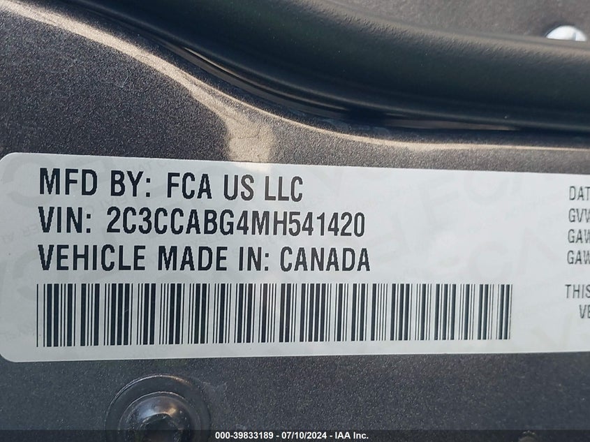 2021 Chrysler 300 300S VIN: 2C3CCABG4MH541420 Lot: 39833189