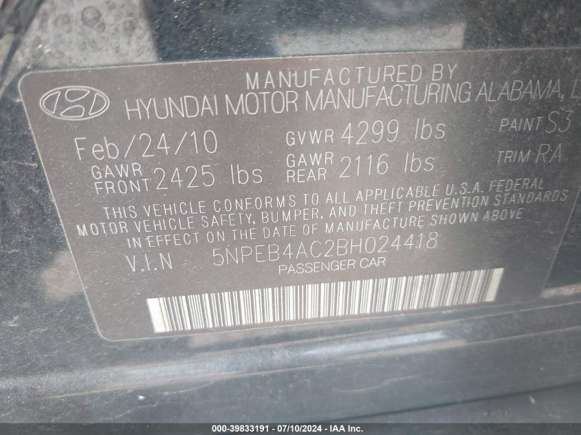 2011 Hyundai Sonata Gls VIN: 5NPEB4AC2BH024418 Lot: 39833191