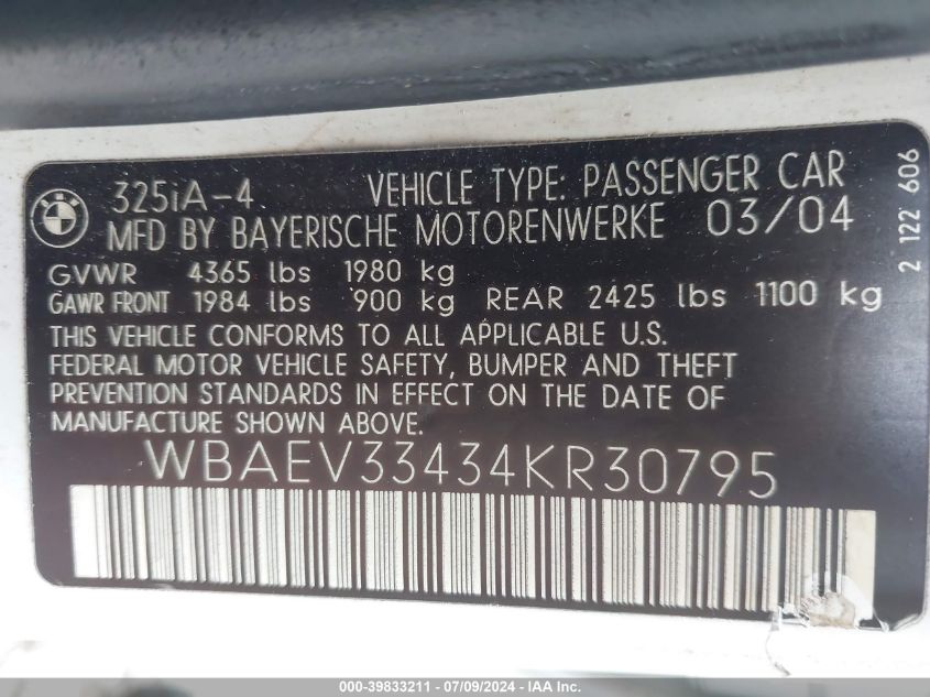 2004 BMW 325I VIN: WBAEV33434KR30795 Lot: 39833211
