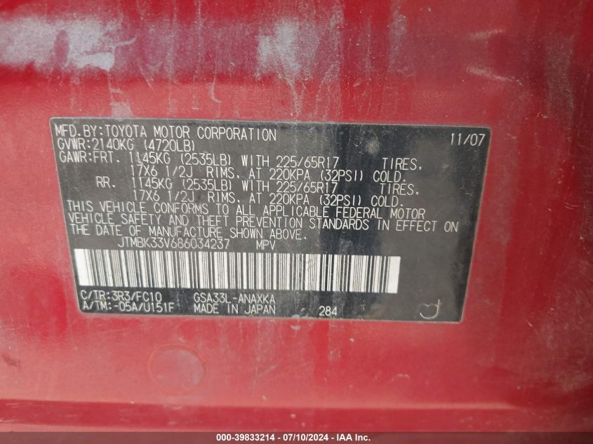 2008 Toyota Rav4 Base V6 VIN: JTMBK33V686034237 Lot: 39833214