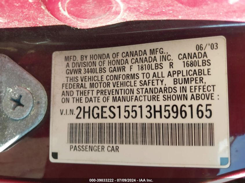 2003 Honda Civic Lx VIN: 2HGES15513H596165 Lot: 39833222