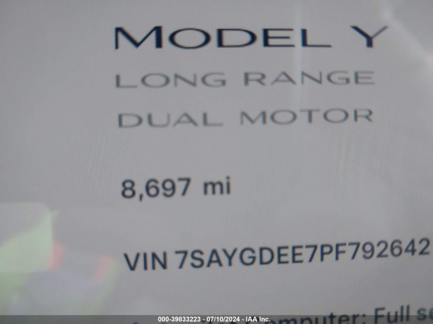 2023 Tesla Model Y VIN: 7SAYGDEE7PF792642 Lot: 39833223