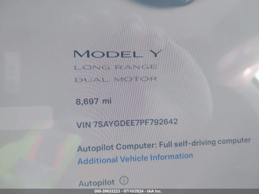 2023 Tesla Model Y VIN: 7SAYGDEE7PF792642 Lot: 39833223