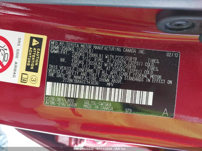 2012 Lexus Rx 350 VIN: 2T2BK1BA4CC143036 Lot: 39833232