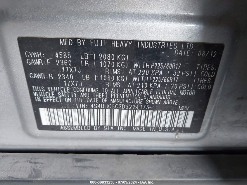 2013 Subaru Outback 2.5I Premium VIN: 4S4BRCBC3D3224175 Lot: 39833238