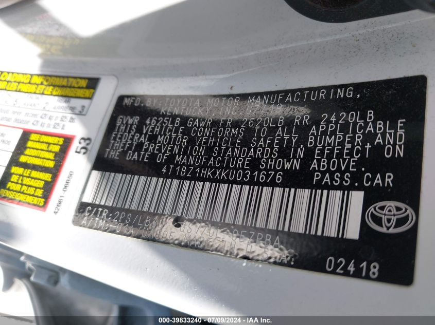 2019 TOYOTA CAMRY XSE V6 - 4T1BZ1HKXKU031676